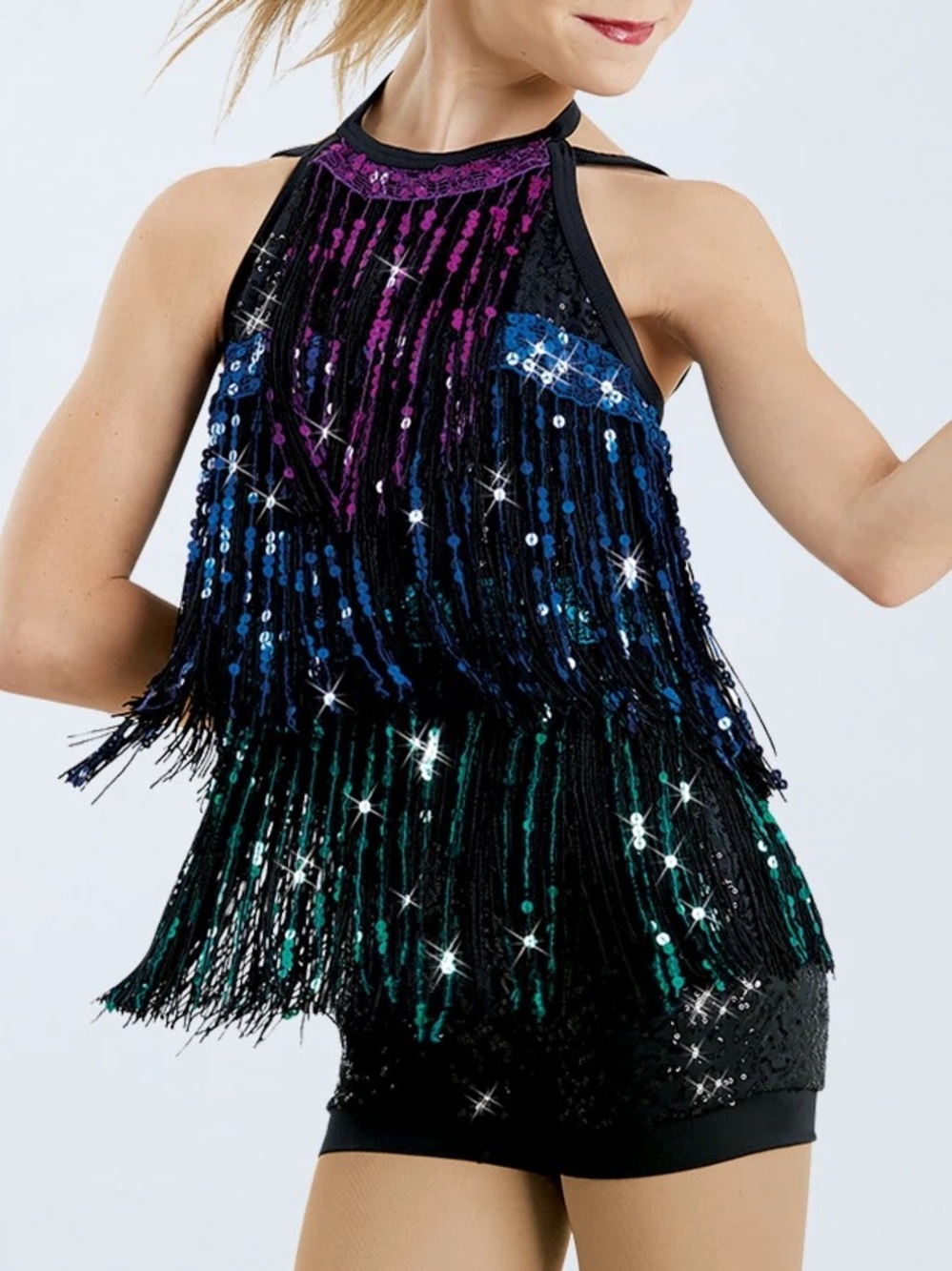 3/$75 Weissman Fringe Sequin Black Biketard Dance Costume